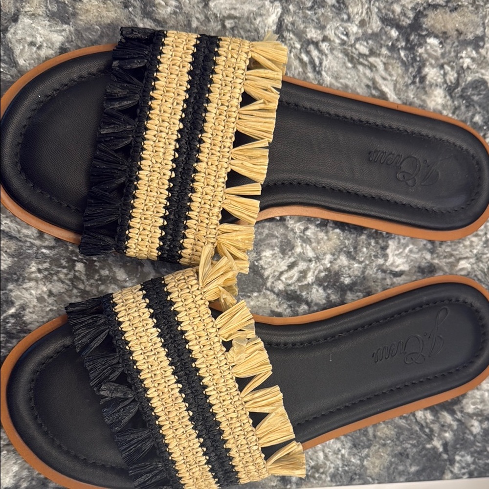 J. Crew Sorrento Black and Tan Rafia Flat Sandals New Without Box